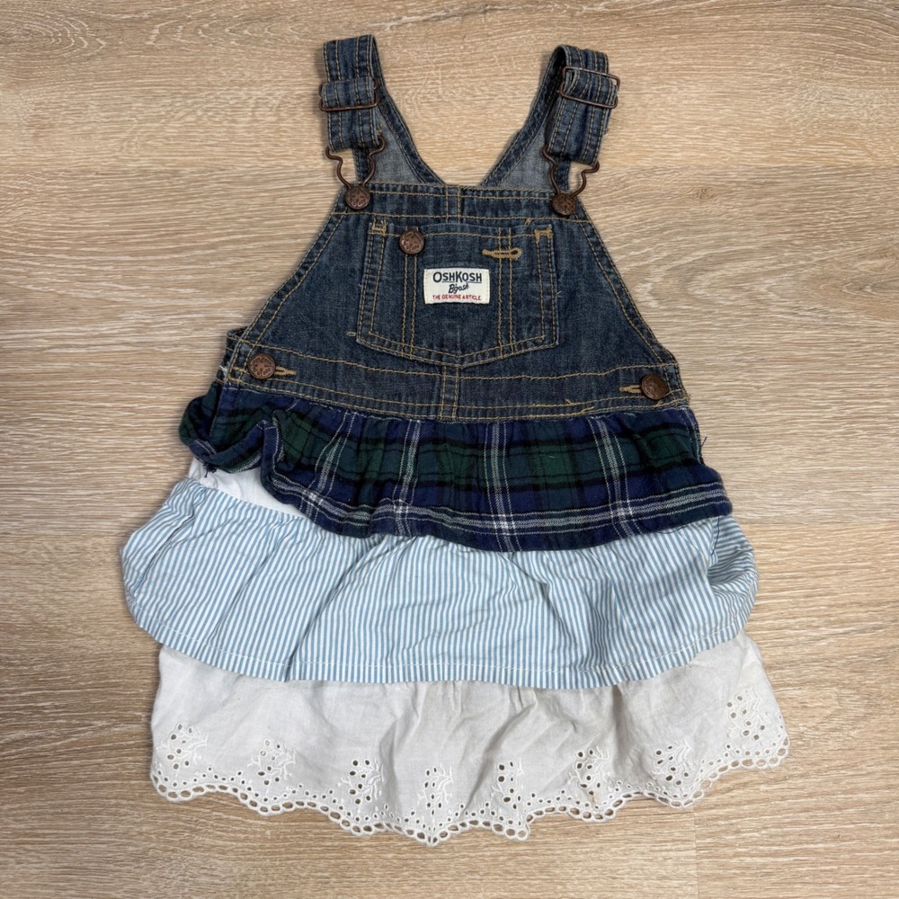 OshKosh Bgosh Baby Girls Denim Tiered Ruffle Overall Jumper Dress 18M Plaid Lace